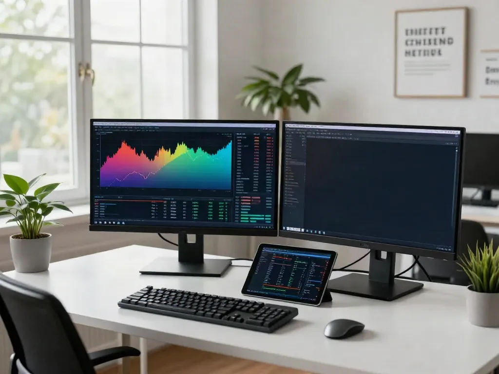 MetaTrader 5 trading workspace with dual monitors and trading tools.