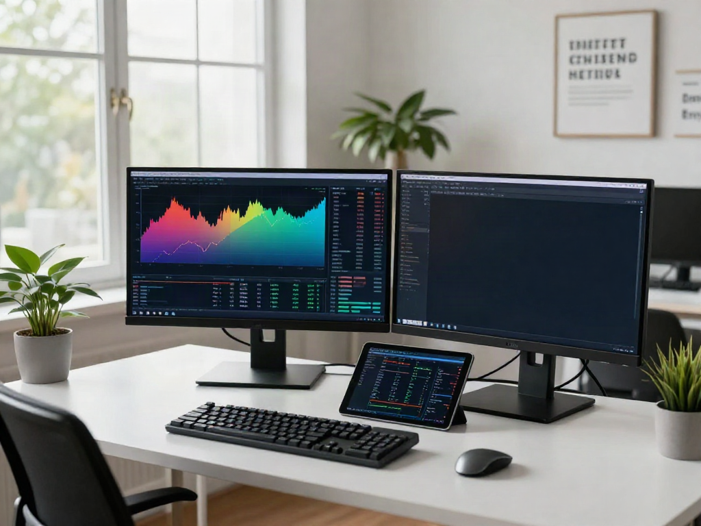 MetaTrader 5 trading workspace with dual monitors and trading tools.