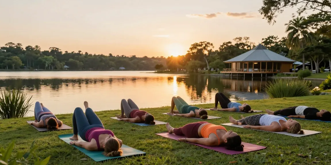 Discover yoga teacher training 2026 in a serene lakeside setting with students practicing poses in a tranquil atmosphere.