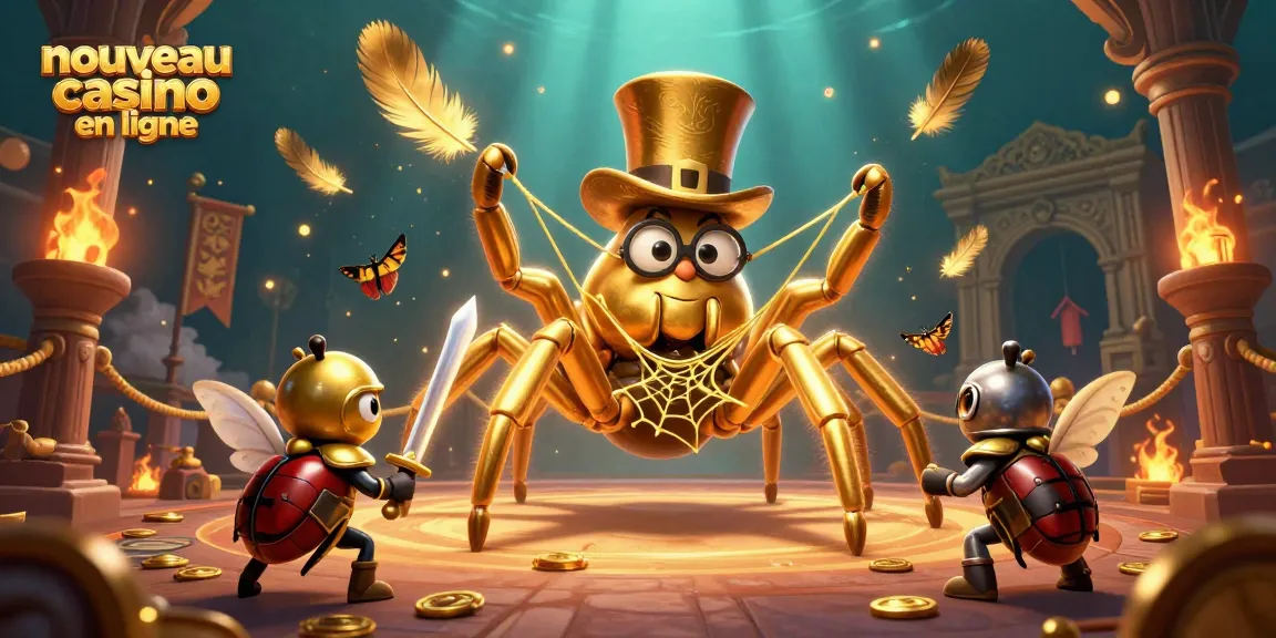 Zoom sur un nouveau casino en ligne : jeu palpitant avec une araignée dorée et un chevalier téméraire.