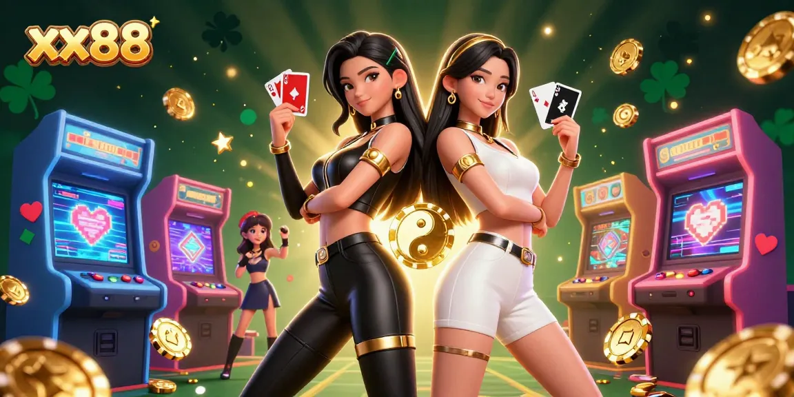 Engage with xx88's vibrant Asian casino scene featuring twin women holding playing cards.