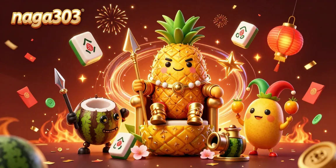 Naga303 showcases vibrant casino-themed illustration with a golden pineapple king, lively characters, and rich gambling elements.
