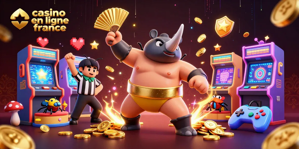 La scène du "casino en ligne france" avec un scarabée rhinocéros sumo et des machines de jeu colorées.