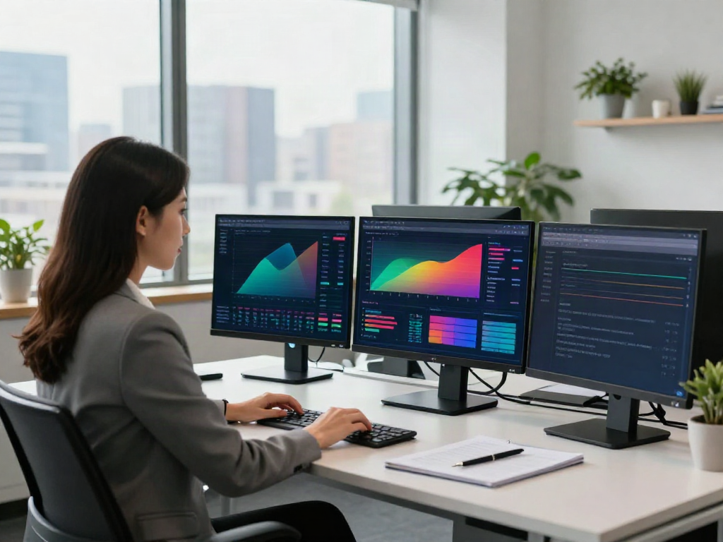 Focused professional analyzing banking data at a modern office with bpinetempresas visuals.