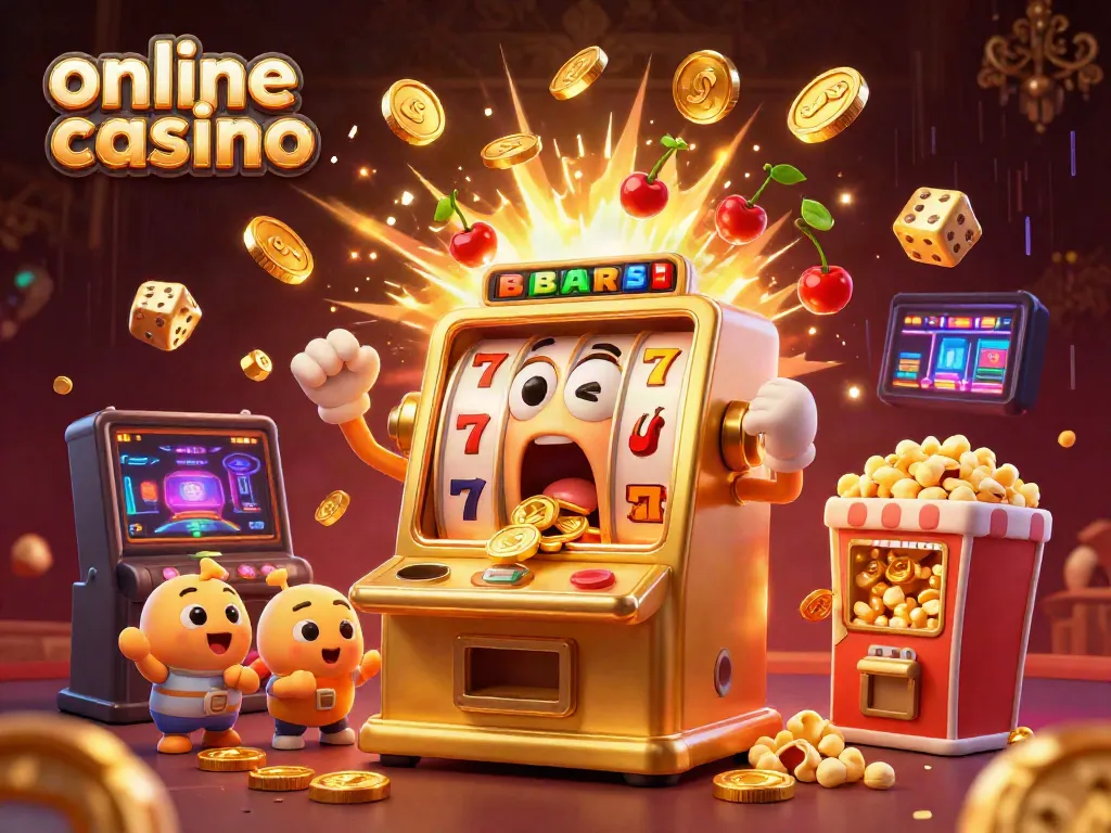 Experience the excitement of online casino games with a lively golden slot machine celebrating its jackpot.