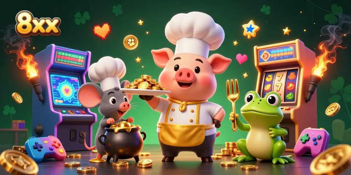Experience the thrill of gaming with 8xx as a cartoon pig chef serves gold coins amidst vibrant slot themes.