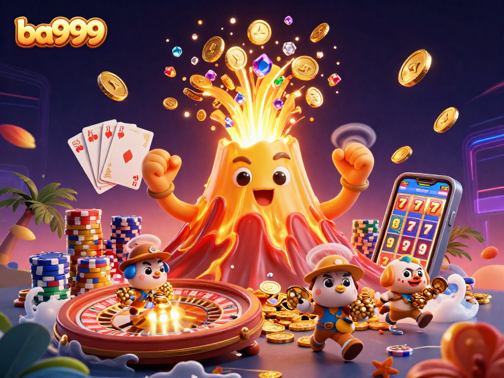 Experience thrilling rewards at ba999 with a golden volcano erupting treasures in this dynamic casino scene.