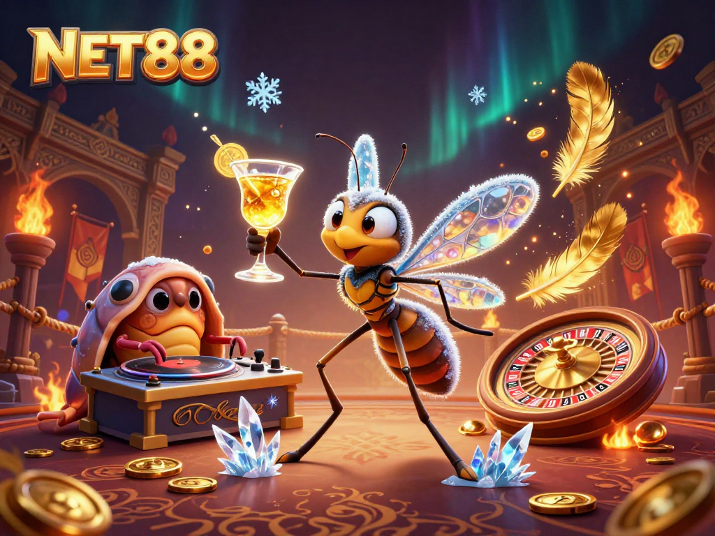 Experience NET88 excitement with a frozen mosquito mascot and casino elements in a vibrant scene.