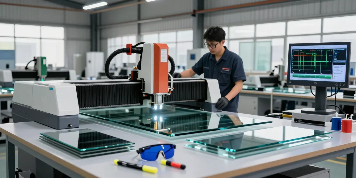 CNC glass cutting machine in action, showcasing precision and technology in glass processing.