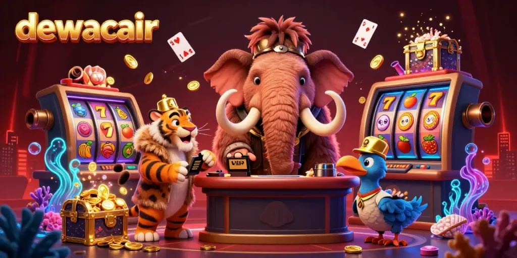 Dewacair casino scene showing a woolly mammoth bouncer, a saber-tooth tiger VIP, and a dodo doorman among dynamic slot reels.