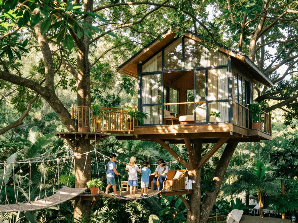 Family enjoying a joyful tree house life in a vibrant outdoor setting with lush foliage.