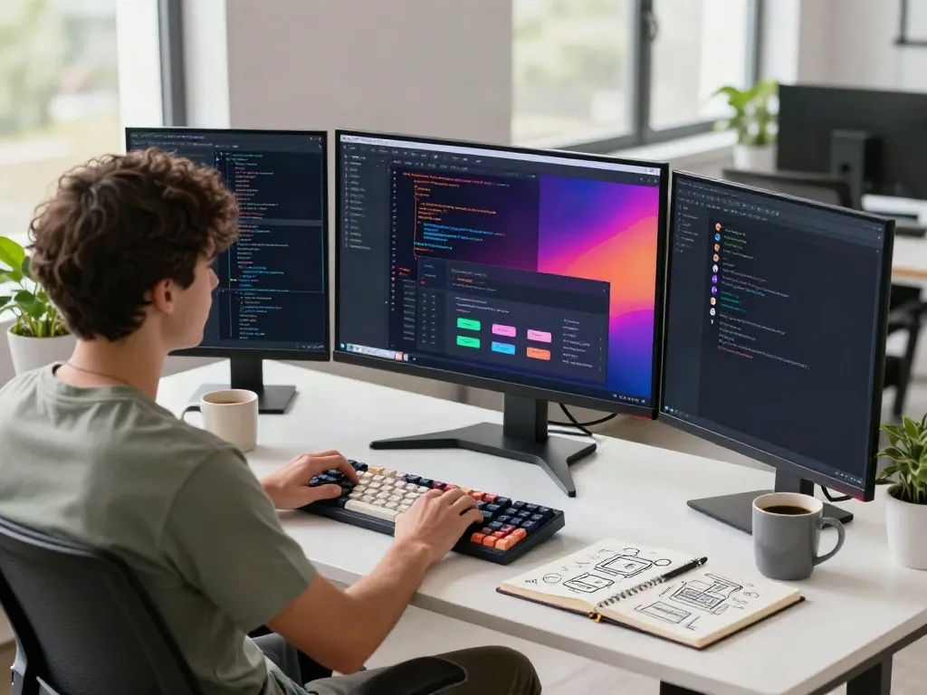 Developer using v2rayN官网 tools in a modern tech workspace, showcasing coding and productivity elements.