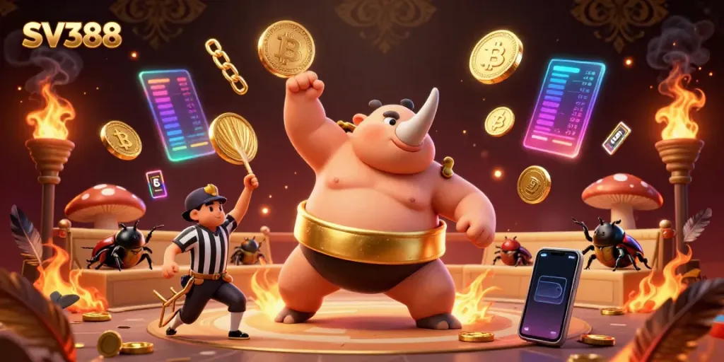 SV388 offers thrilling cockfighting action with vibrant characters and coins flying through the arena