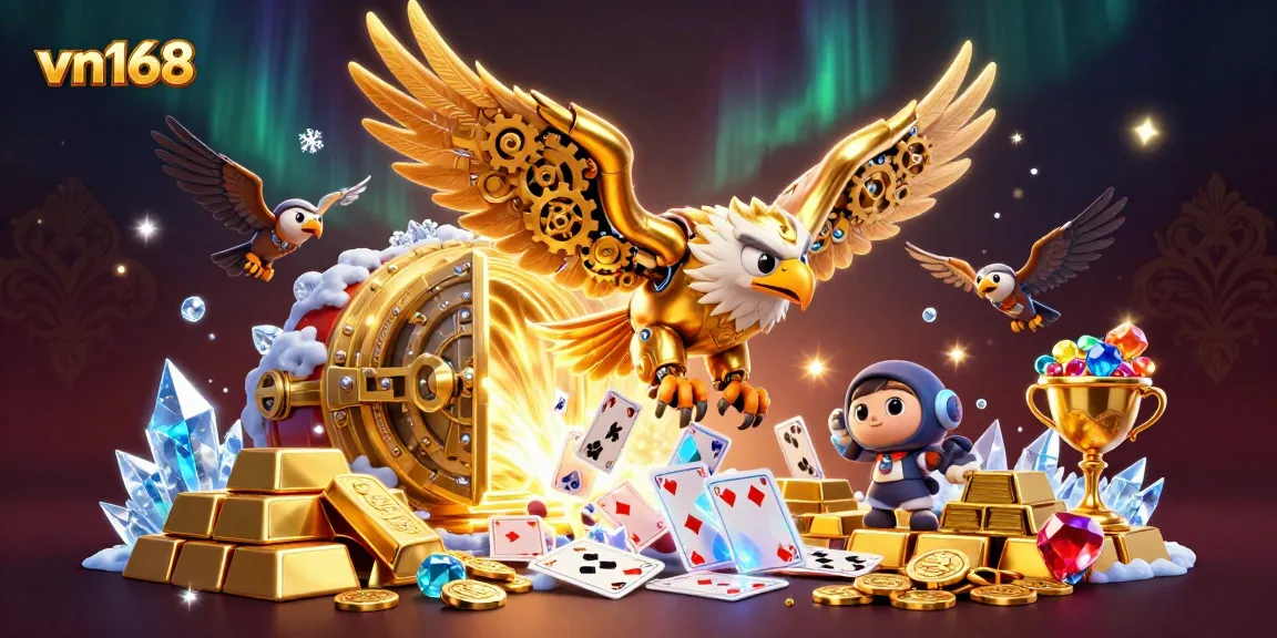 Engage in exciting gambling at vn168 with a dynamic scene of treasure and cybernetic characters.
