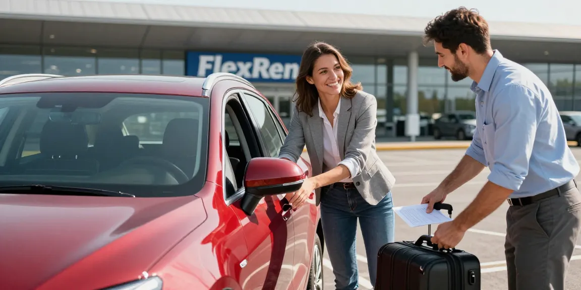 Happy customer receiving their FlexRent Chirie Auto Chisinau rental car at the airport, showcasing service quality and satisfaction.