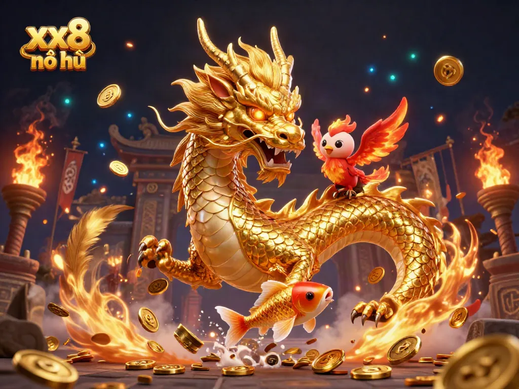 Spin the reels at xx8 nổ hũ with vibrant dragons and golden coins in a lavish casino scene.