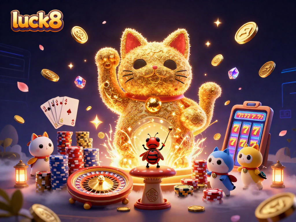 Join the excitement at luck8 with a vibrant display of casino-themed elements showcasing a lucky cat.