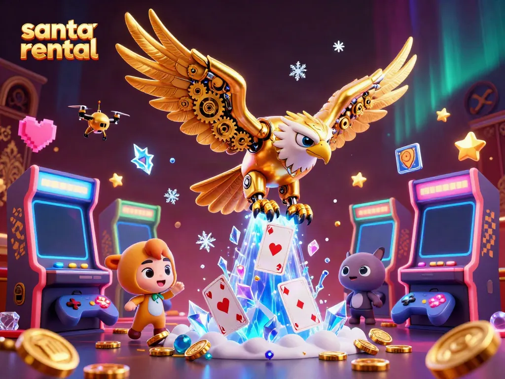 Experience the festive magic with professional santa rental featuring an animated casino scene.