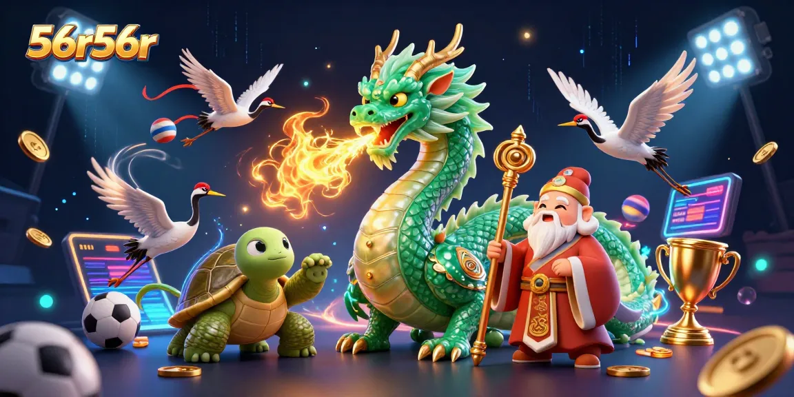 Engage with 56r56r's dynamic gaming scene featuring a jade dragon and lucky symbols.