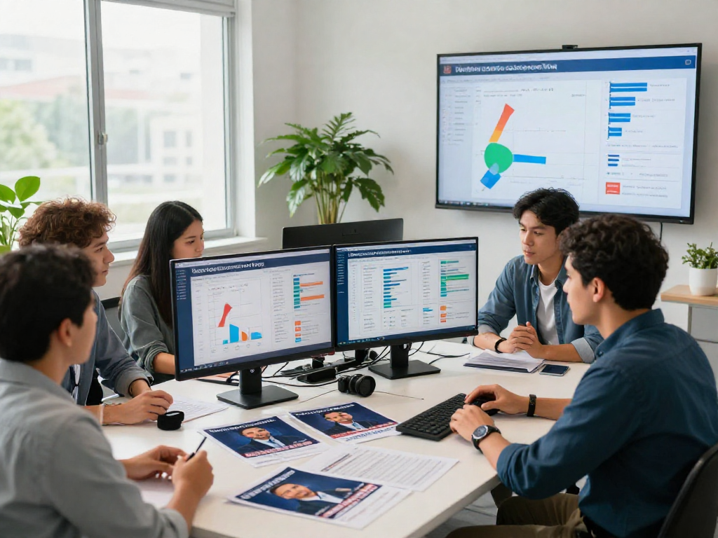 Creating meta ads for political campaigns in a collaborative office setting with data and strategy discussions.