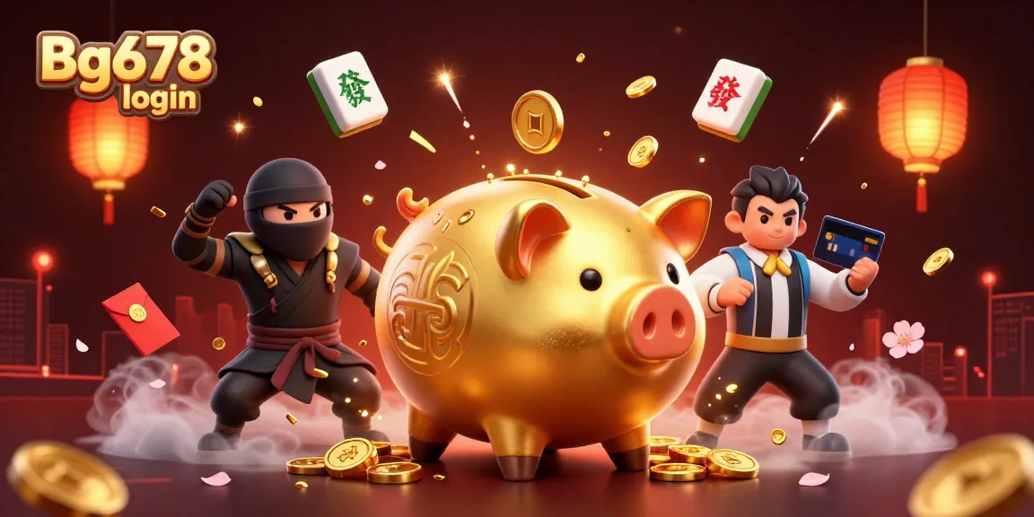 Engaging Bg678 login scene with a golden piggy bank sumo wrestler amidst colorful casino elements.