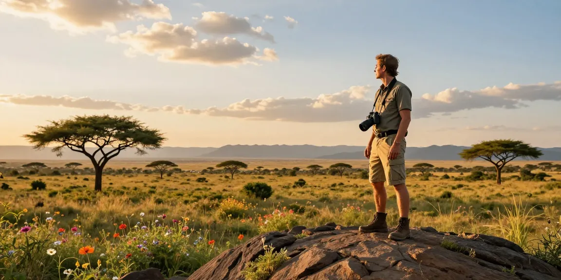 NAGA2000 traveler exploring Kidepo Valley National Park at sunset, equipped for wildlife photography.