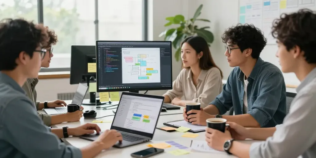 Developers collaborating on an AI chatbot project around a table with laptop and monitors.