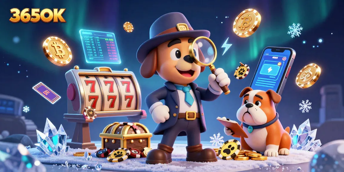 Engage in gaming thrills at 365OK, featuring a detective uncovering treasure clues amid vibrant casino visuals.
