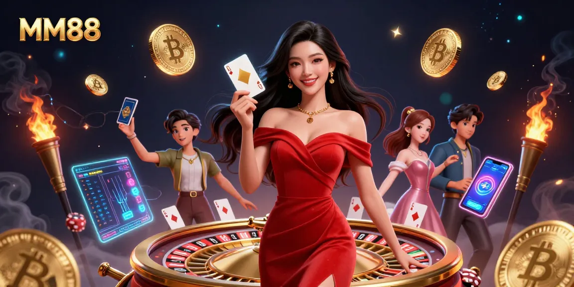 Engage with the dynamic MM88 casino experience featuring vibrant characters, golden elements, and crypto themes.