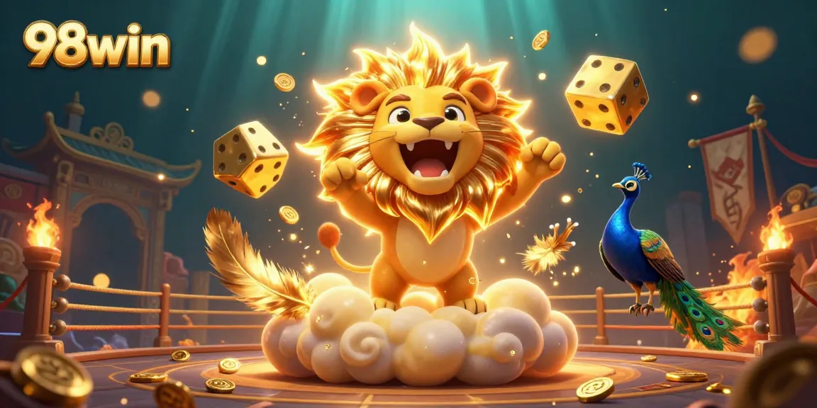 Engage with 98win at a vibrant online casino scene featuring a roaring lion and golden elements.