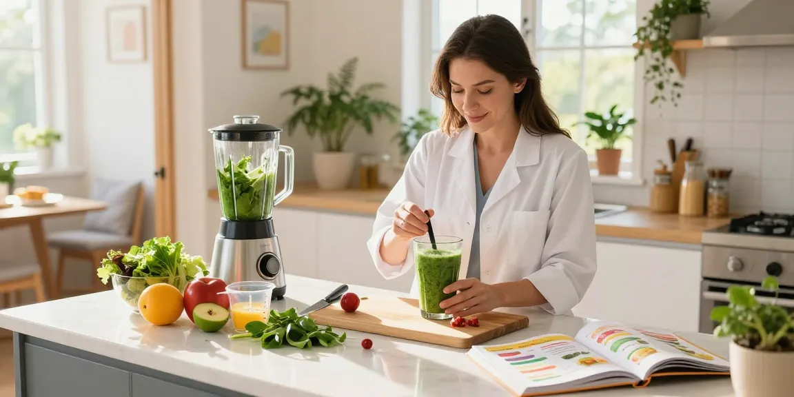Nutritionist preparing a healthy smoothie, showcasing health tips in an inviting kitchen.