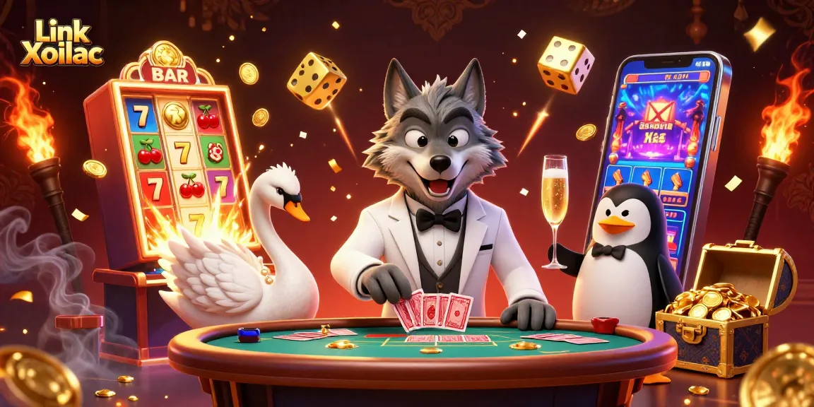 Experience the thrill of gaming with Link Xoilac featuring a lively 3D scene of card games and riches.