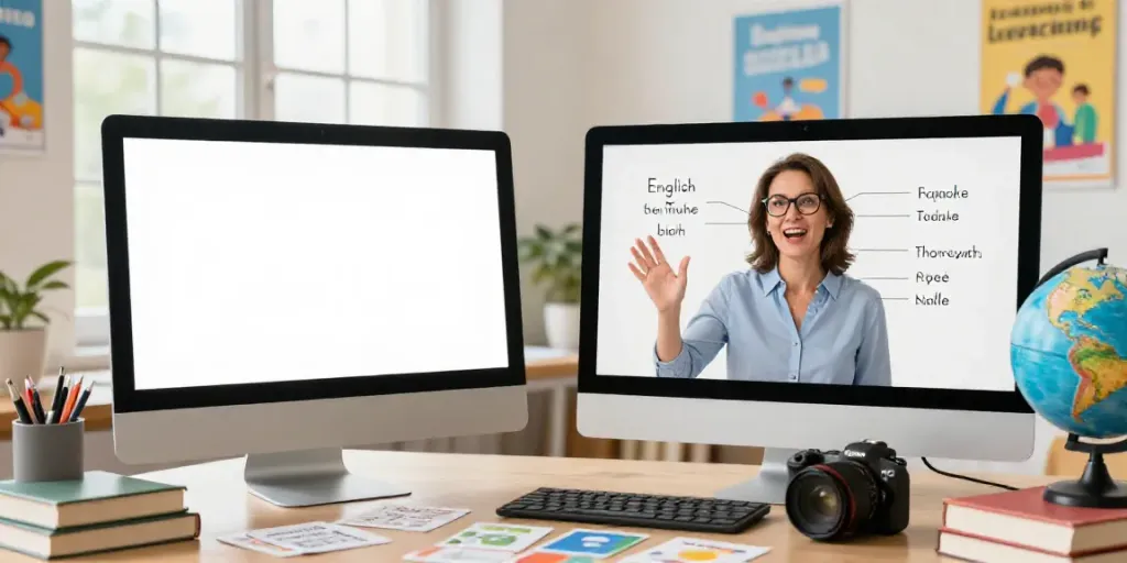 Online English learning with a teacher explaining concepts using digital tools, filled with educational materials.