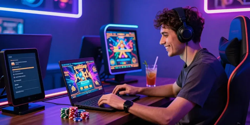 Exciting gaming moment at non GamStop casinos featuring a player with vibrant game graphics and casino chips.