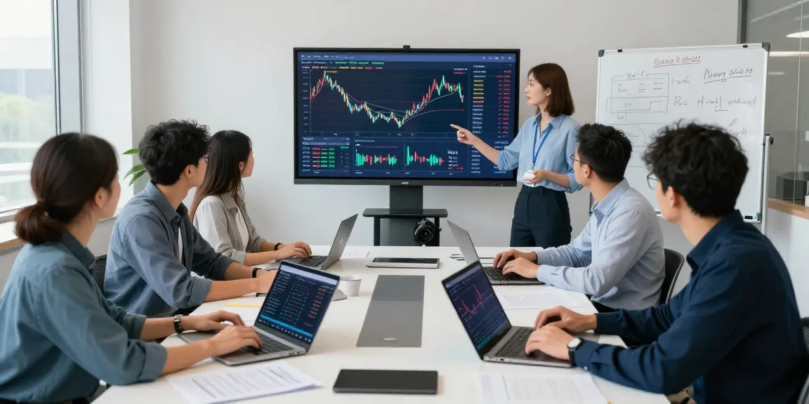 实时的AiCoin数据分析会议，展示技术分析师团队在现代办公室中协作，以提高加密货币交易的效能。