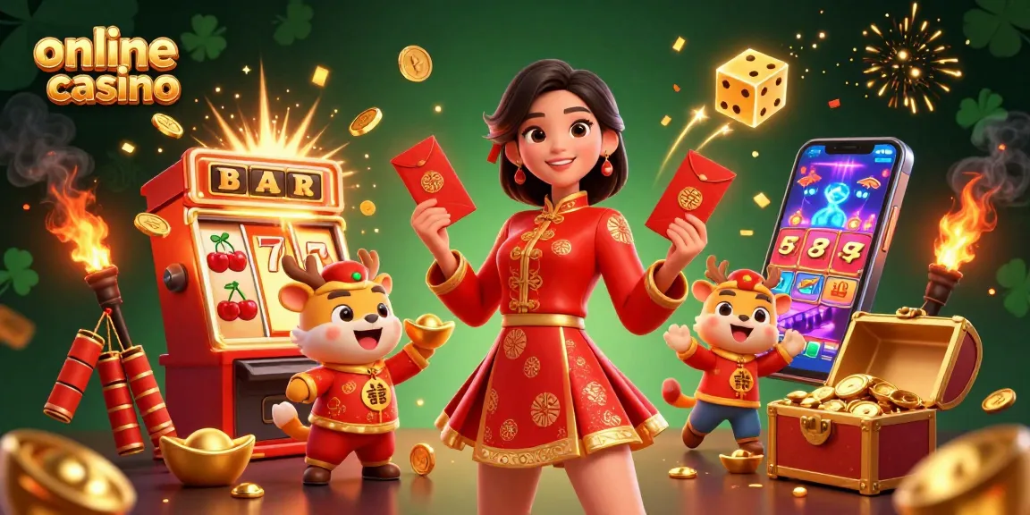 Experience the vibrant excitement of an online casino with a semi-realistic scene highlighting festive characters and classic game elements.