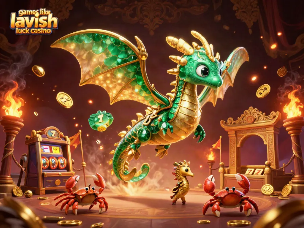 Play vibrant games like lavish luck casino with a dynamic 3D illustration of a treasure-filled sea dragon scene.