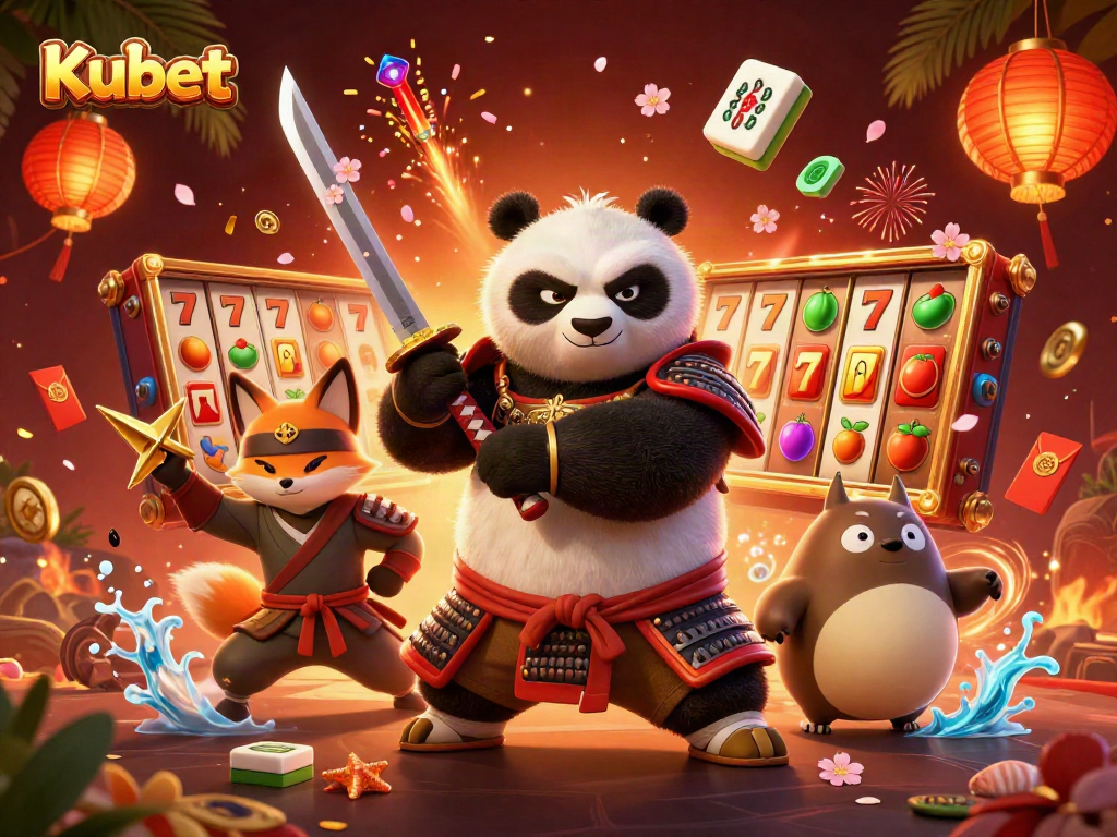 Kubet features an epic scene with a samurai panda and ninja fox amidst slot machines and festive elements.