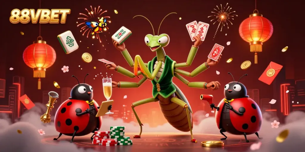 Experience thrilling gameplay at 88VBET with a lively scene showcasing a mantis card sharp and ladybug pit boss.