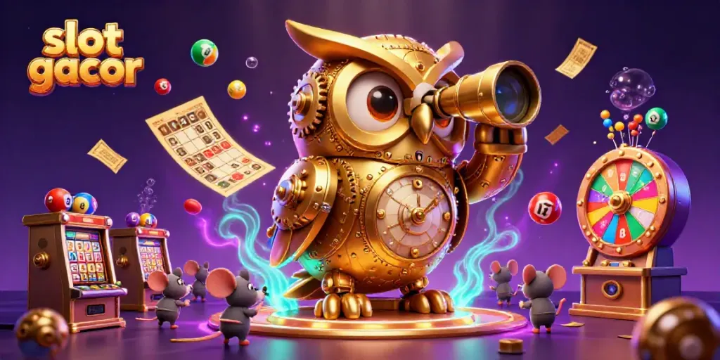 Engaging scene showcasing the slot gacor action with a golden owl and mice scurrying in a vibrant casino atmosphere.