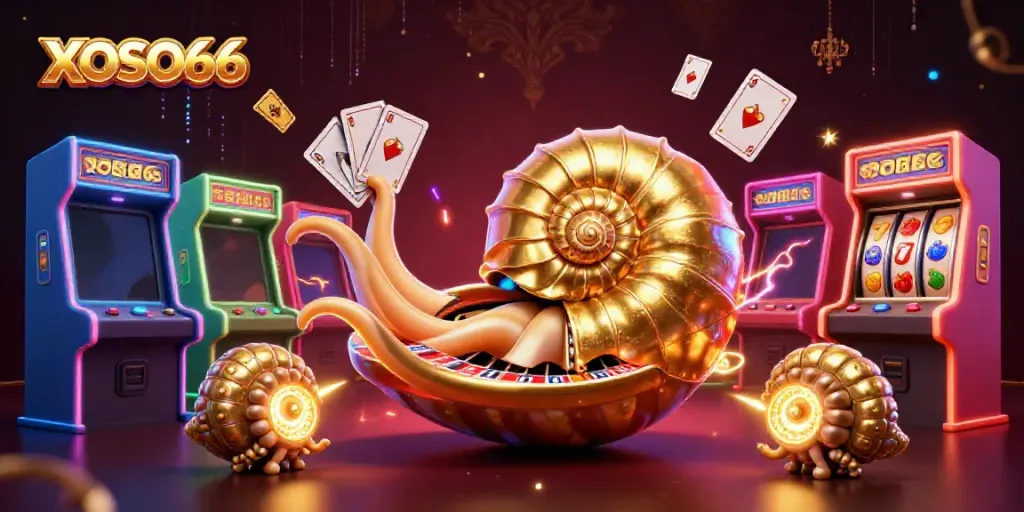 XOSO66 illuminates excitement with a giant nautilus roulette wheel and vibrant gaming elements.