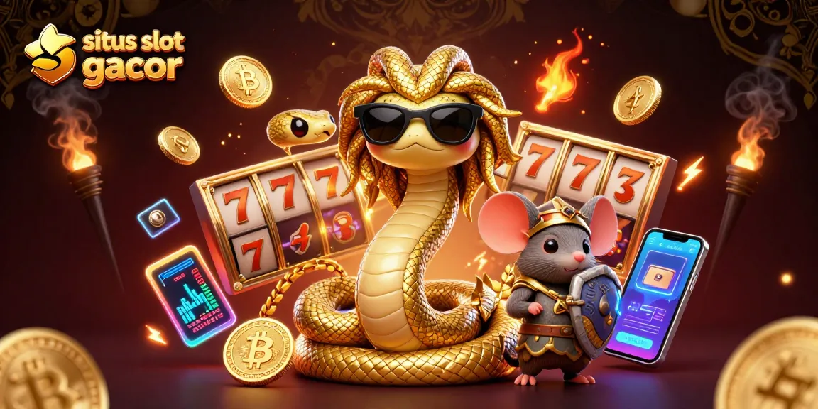 Experience the thrill of situs slot gacor with Medusa and a warrior mouse amidst slot reels and crypto elements.