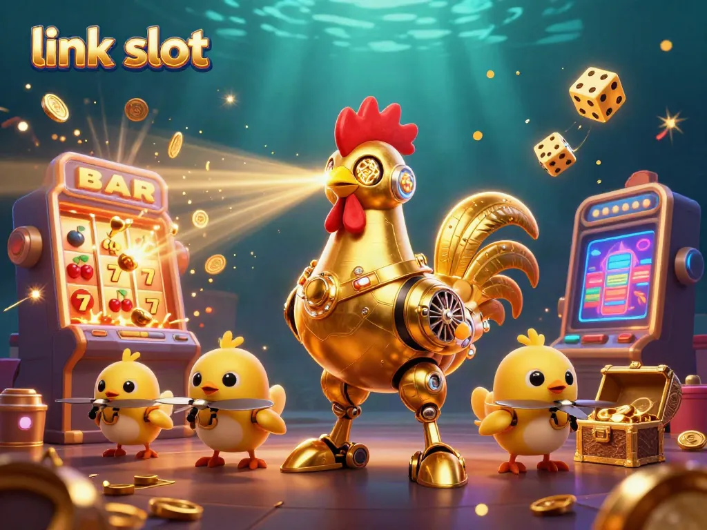 Experience thrilling gameplay with link slot, featuring a golden rooster robot and vibrant casino elements.
