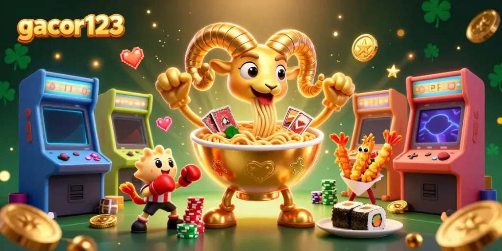 Engage with gacor123, featuring a giant golden ramen bowl dealer and vibrant gaming elements, showcasing an interactive casino experience.