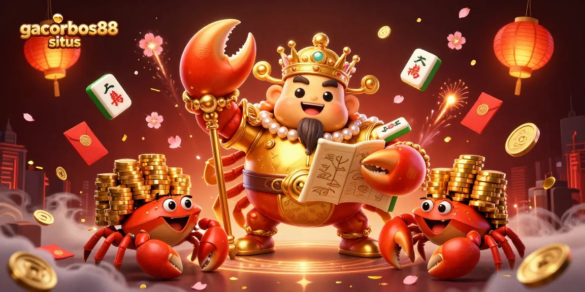 Experience excitement at gacorbos88 situs with a captivating golden crab emperor surrounded by gaming elements.