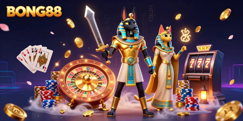 Engage with BONG88's thrilling casino experience featuring Anubis and Bastet amidst dazzling game elements.