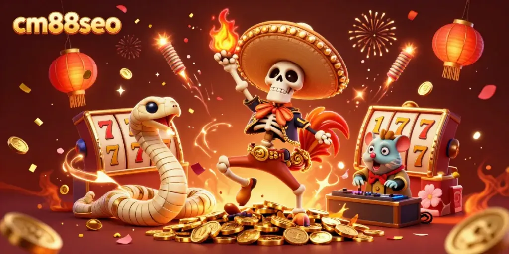 Celebrate with cm88seo's winning casino characters dancing among golden coins and fireworks.