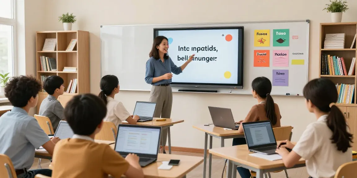 Students engaged in interactive English lessons using technology and educational resources at a language learning center.