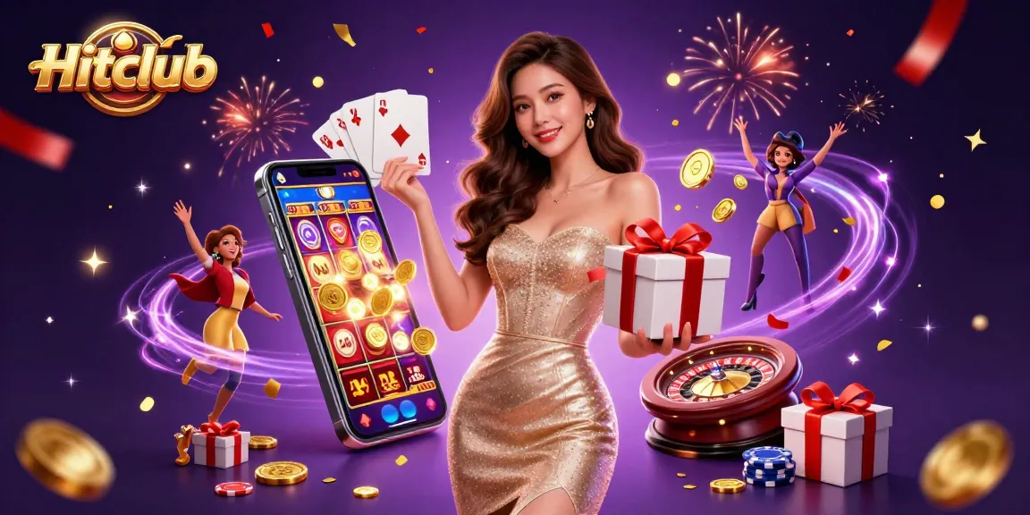 Hitclub offers vibrant casino fun with a stunning lady holding gifts, surrounded by dynamic gaming elements.