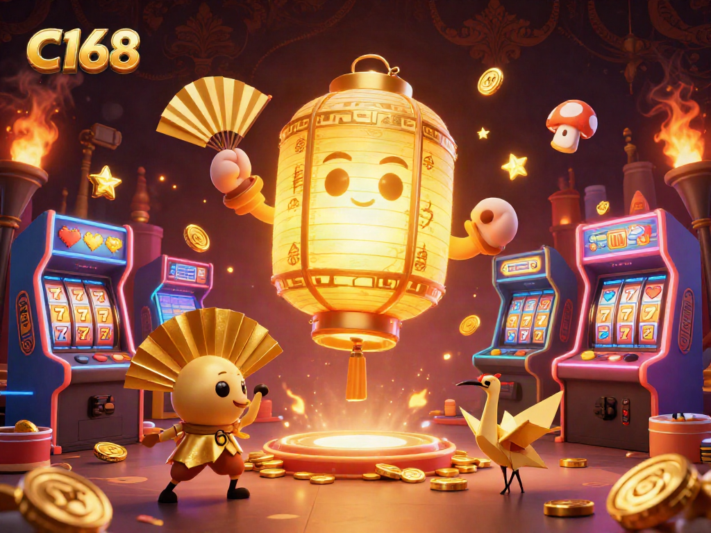 C168 illuminates a vibrant casino scene with a giant lantern spirit and slot machines, enhancing the gaming experience.